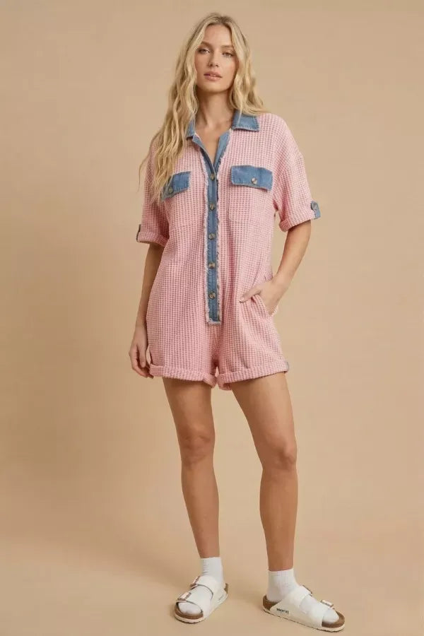 J.NNA Retro-Remix Waffle Romper in washed pink, featuring a stylish, vintage-inspired design perfect for casual wear.
