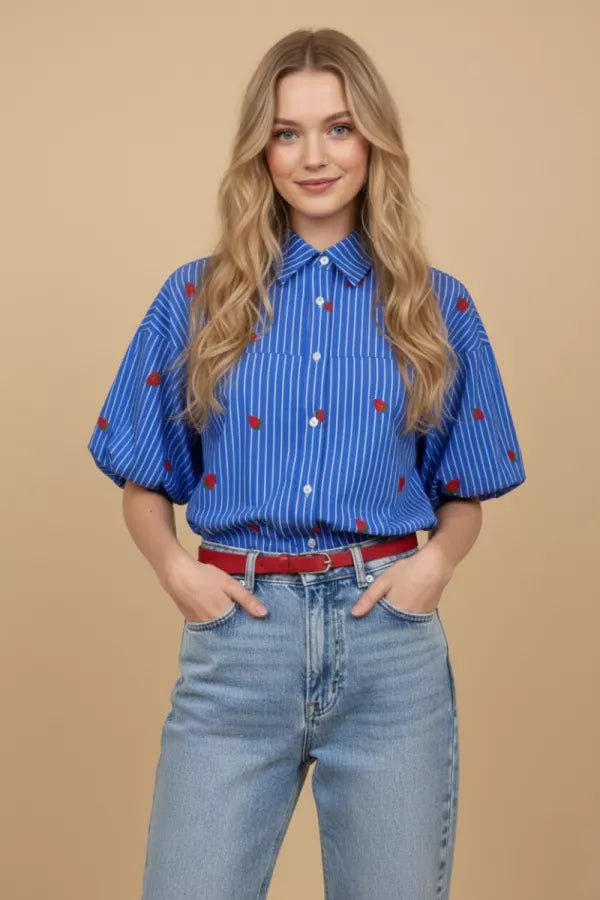 Blue J.NNA Everly embroidered top with intricate floral embroidery, long sleeves, and a rounded neckline.