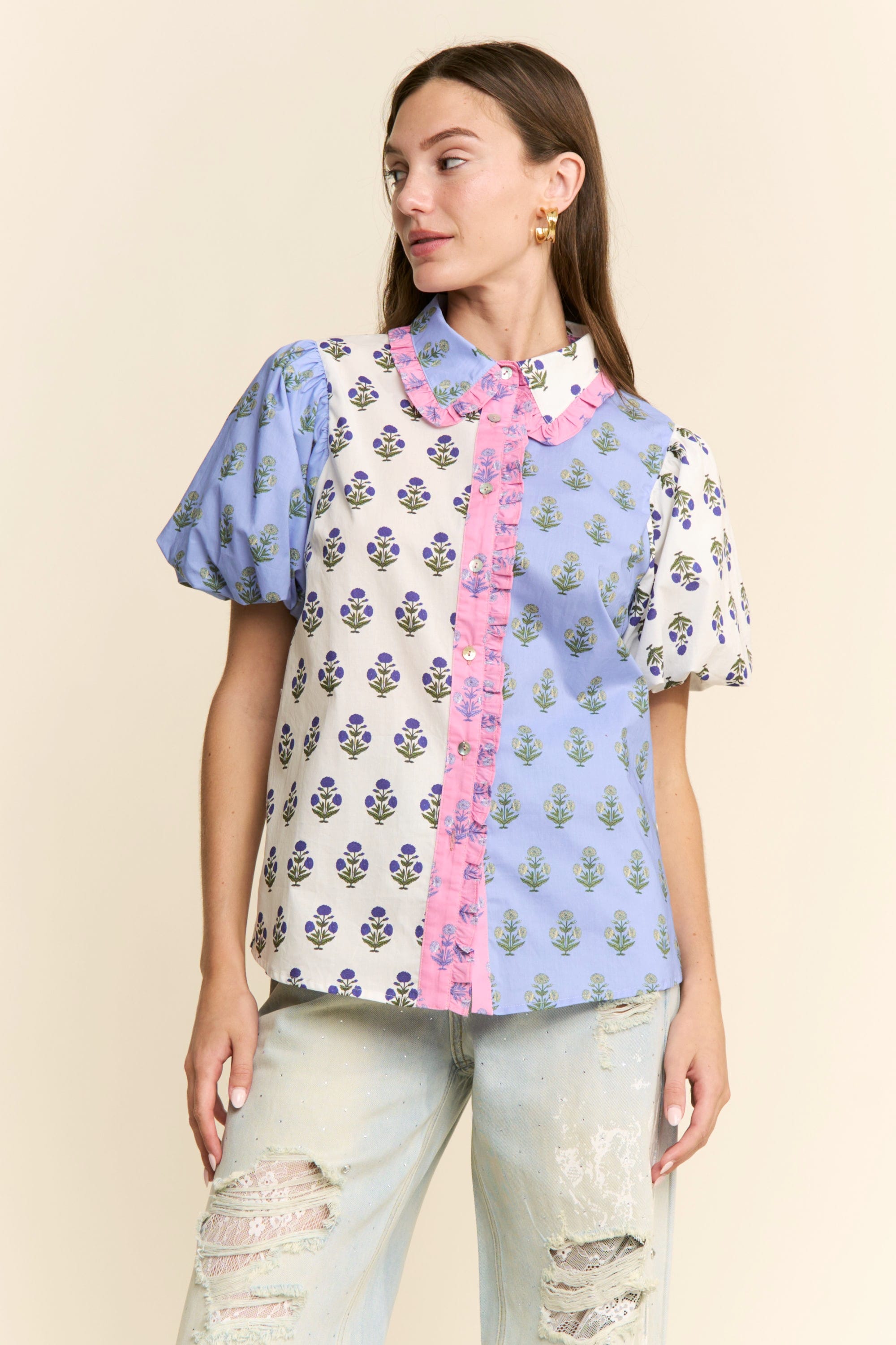 Cora Floral Colorblock Top – Teal Poppy