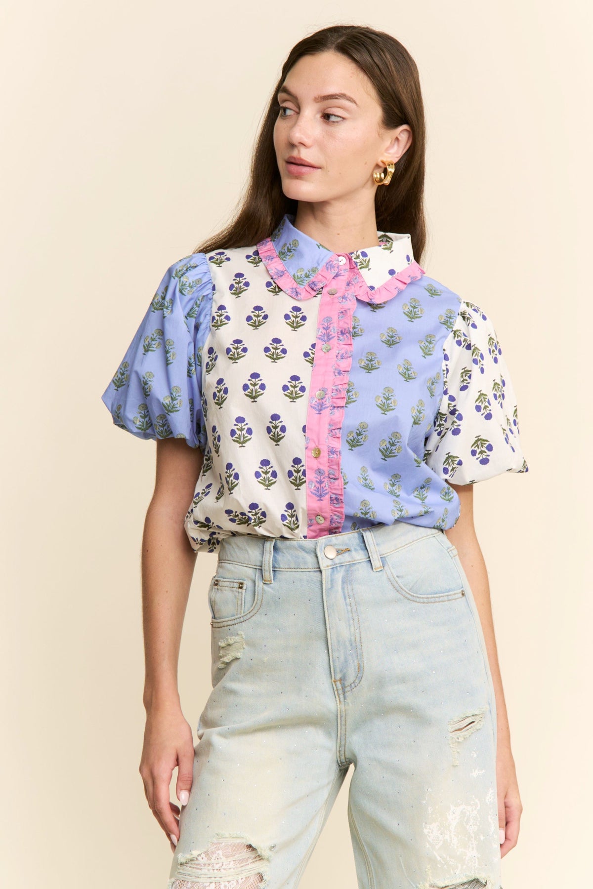 Cora Floral Colorblock Top – Teal Poppy