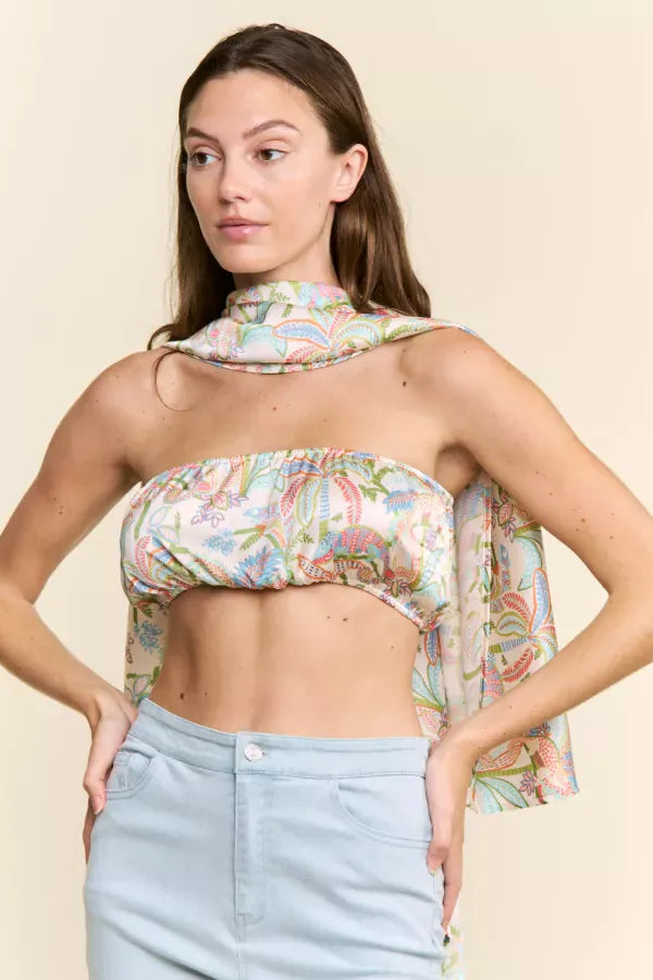 J.NNA Sunset Palm Drape Top featuring a flowy fabric with sunset and palm leaf print, stylish sleeveless design.