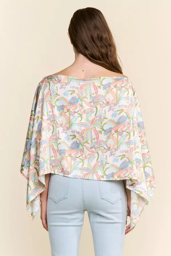 J.NNA Sunset Palm Drape Top, stylish sleeveless top with sunset and palm print, lightweight fabric, casual summer wear.
