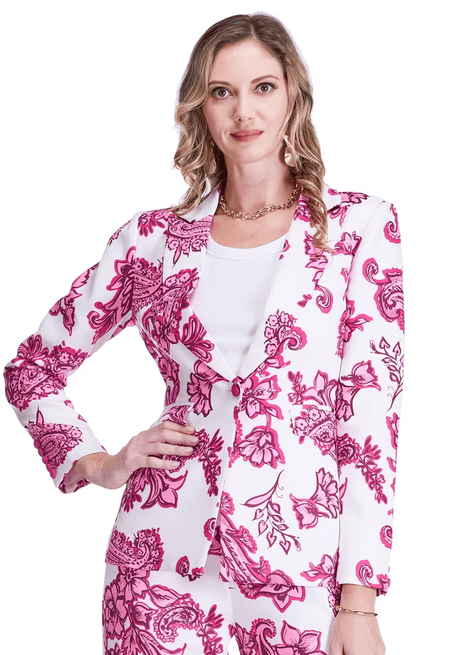 Jade Stella Floral Blazer in berry paisley print, tailored blazer with floral pattern, front buttons, and notched lapel.