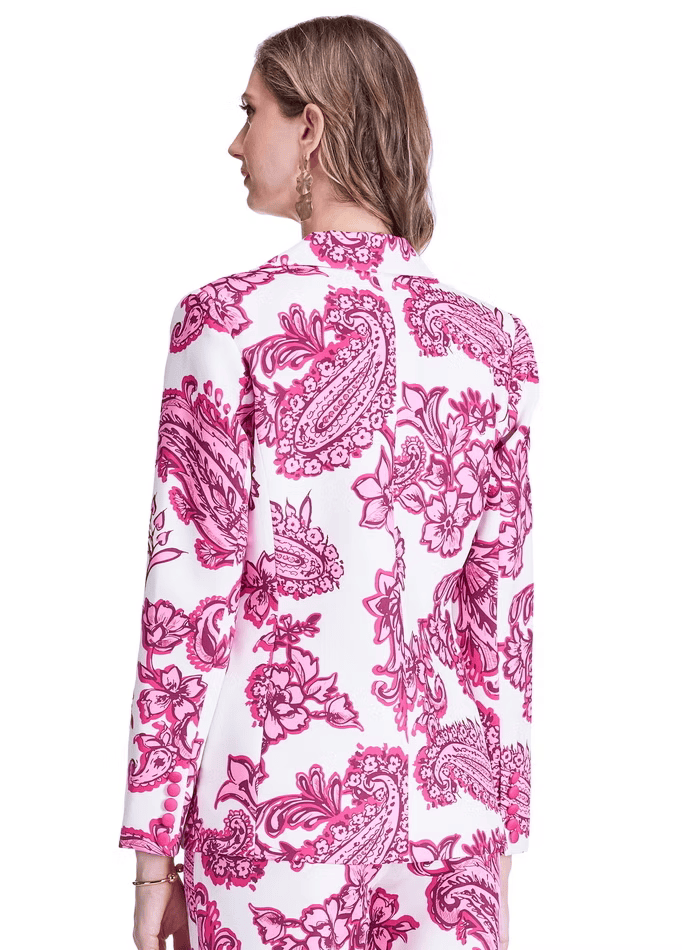 Jade Stella Floral Blazer featuring a tailored fit with a vibrant floral pattern, stylish lapels, and long sleeves.