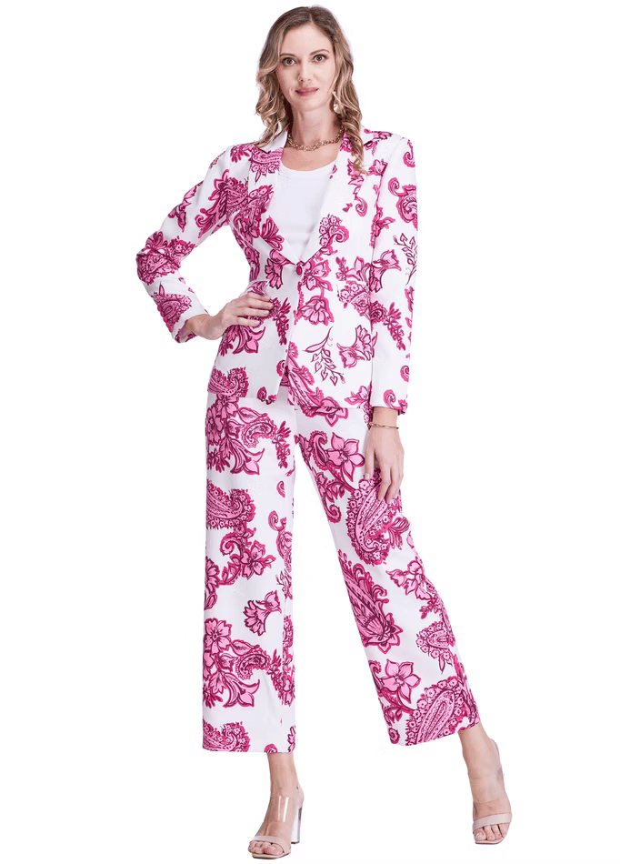Jade Stella Floral Blazer featuring a tailored fit and vibrant floral pattern, shown on a hanger against a neutral background.