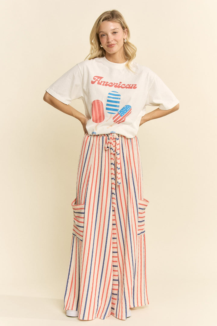 American Sweets Graphic Tee by Jade by Jane, showing a colorful candy-themed design on a casual cotton T-shirt.
