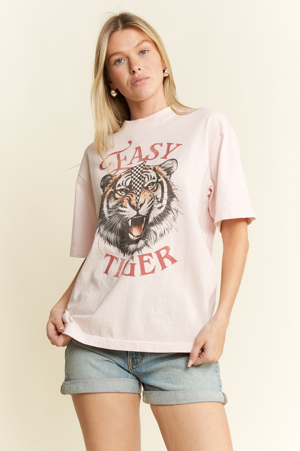 Jade by Jane Easy Tiger graphic tee featuring a bold tiger illustration on a casual graphic top.