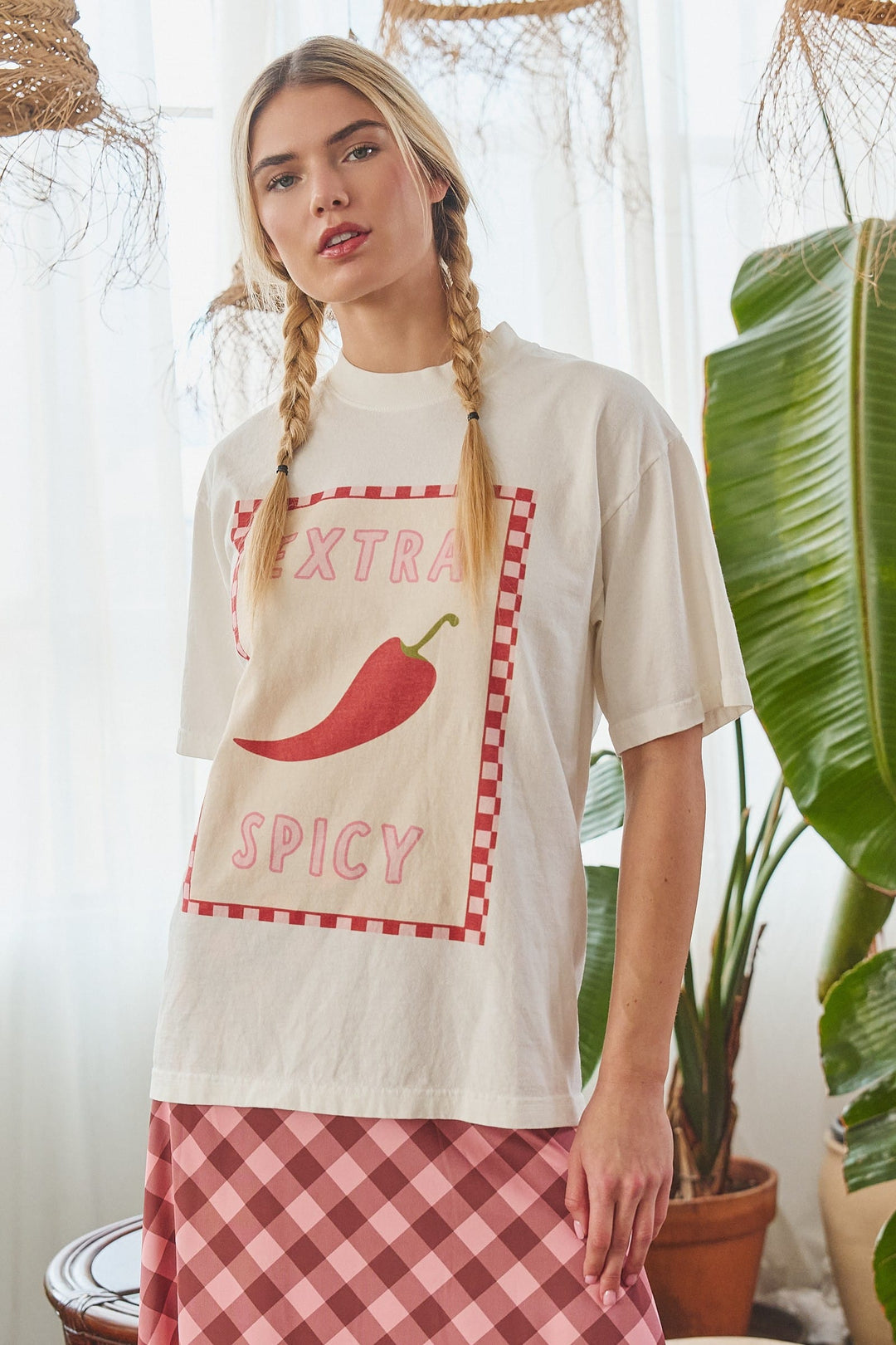 Extra Spicy Checkerboard Graphic Tee by Jade by Jane, featuring a bold checkerboard design on a casual cotton t-shirt.