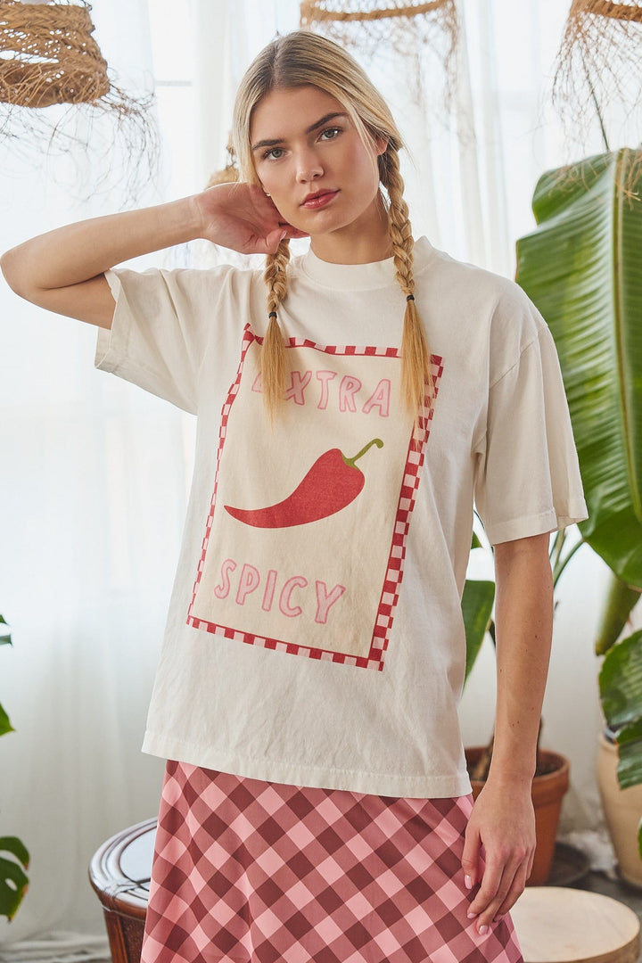 Extra Spicy Checkerboard Graphic Tee by Jade by Jane featuring a bold checkerboard design on a casual t-shirt.