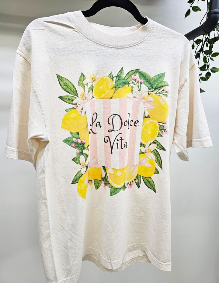 Jade by Jane La Dolce Vita Lemon Graphic Tee showing a yellow lemon design on a casual cotton T-shirt