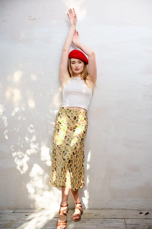 Jade by Jane Kiana Olive Midi Skirt featuring a flowy, knee-length design with a comfortable waistband and stylish silhouette.