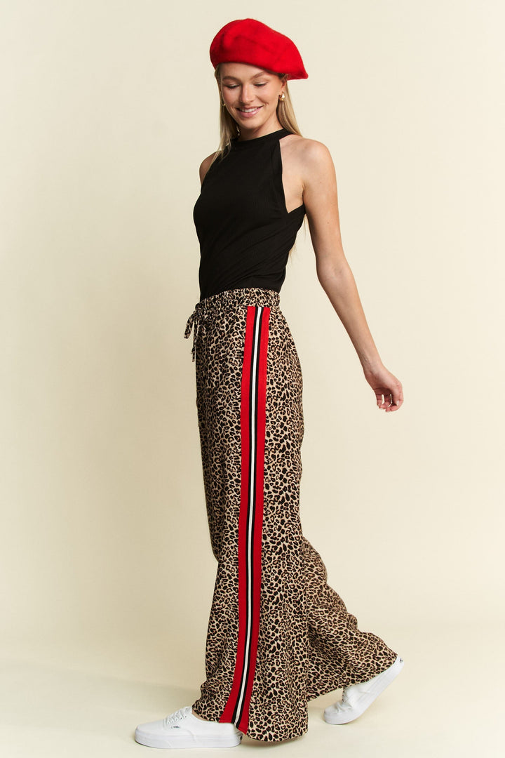 Jade by Jane Veda Leopard Contrast Pants featuring stylish leopard print and contrasting details, full-length casual pants.