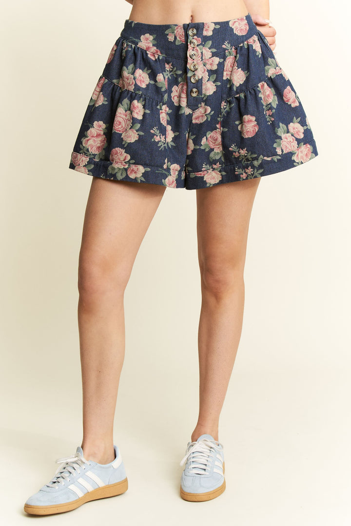 Dark denim Elina Floral Shorts by Jade by Jane, featuring a stylish floral pattern and casual fit for summer wear.