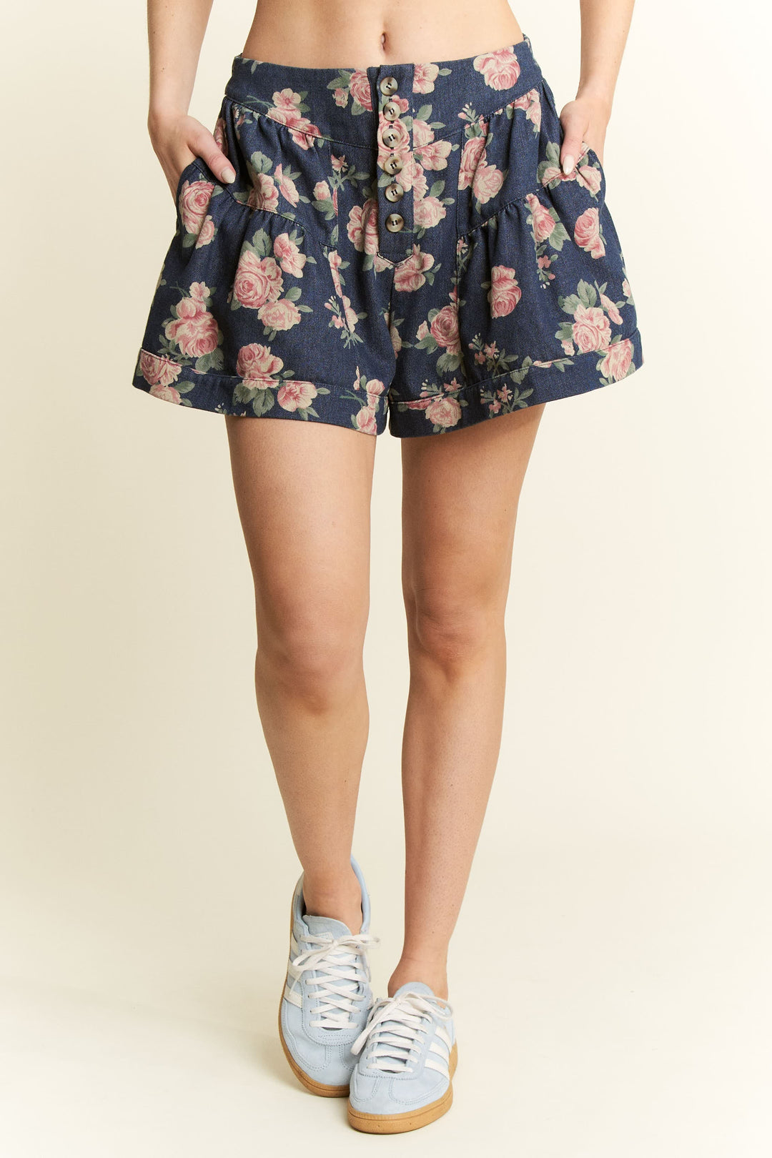 Elina Floral Shorts by Jade by Jane featuring vibrant floral pattern, lightweight fabric, and casual summer style.