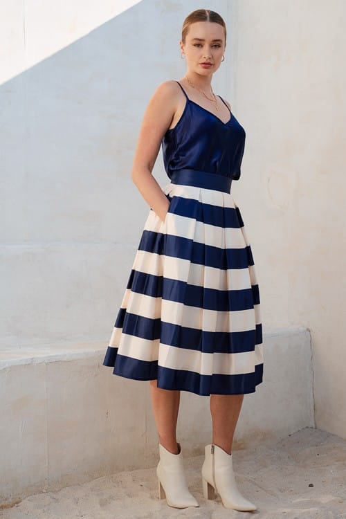 Jade by Jane Piper Pleated Midi Skirt in soft fabric, featuring elegant pleats and a flowy silhouette for stylish everyday wear.