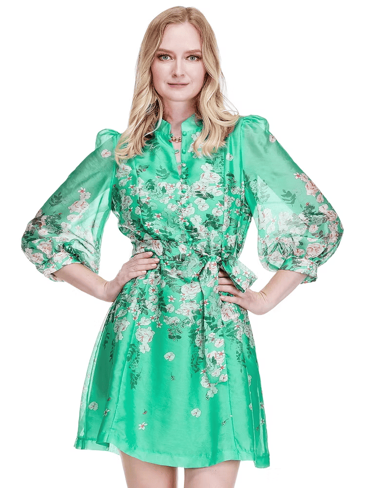 Emerald green Zoey stand collar A-line dress by Jade, featuring a fitted waist and elegant silhouette, perfect for stylish occasions.