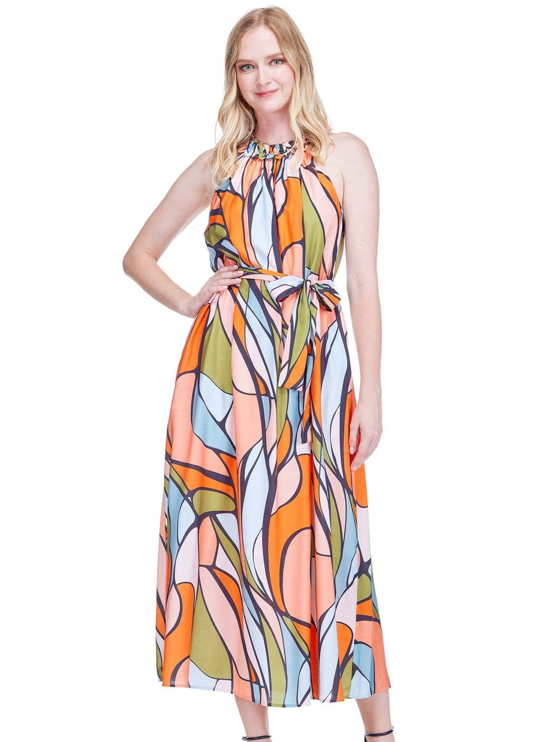 Jade Bella Halter Midi Dress displayed on a hanger, showcasing its elegant halter neckline and flowy fabric.