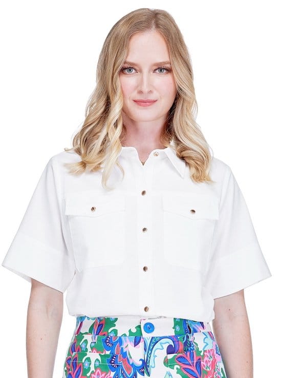 Jade Elliana Pocket Shirt top featuring a relaxed fit with front chest pockets and a soft fabric in a neutral color.