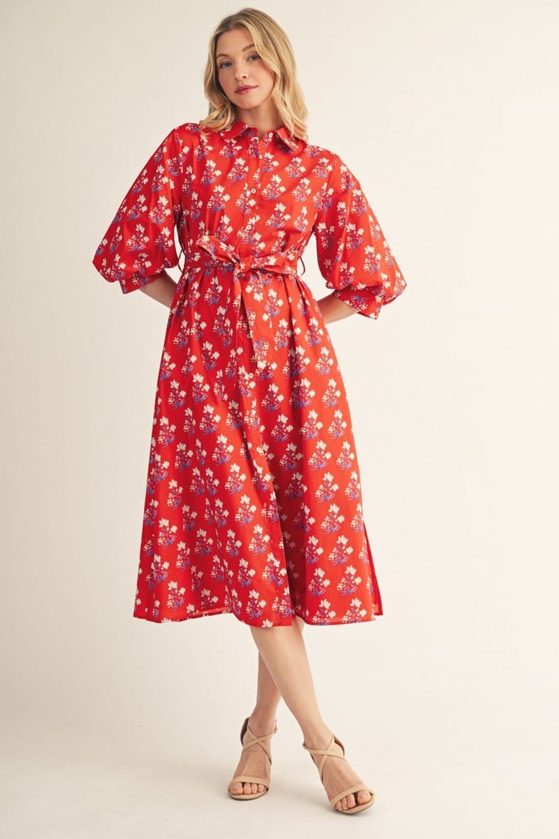 Jodifl Midi Dress Red Orange / S Julia Waist Tie Floral Midi Dress