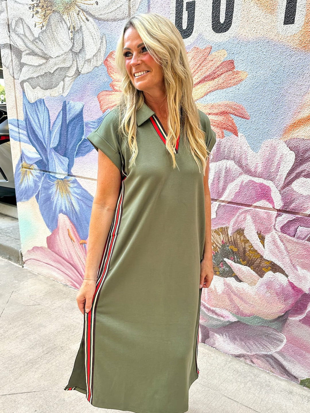 Jodifl Zoey Color Band Midi Dress with vibrant pattern, sleeveless design, and fitted waist, perfect for casual or semi-formal wear.