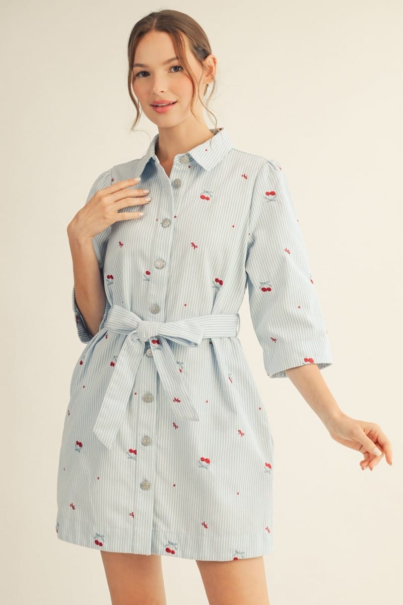 Light denim Jodifl Cindy embroidered mini dress with floral embroidery, short sleeves, and a casual, stylish fit.