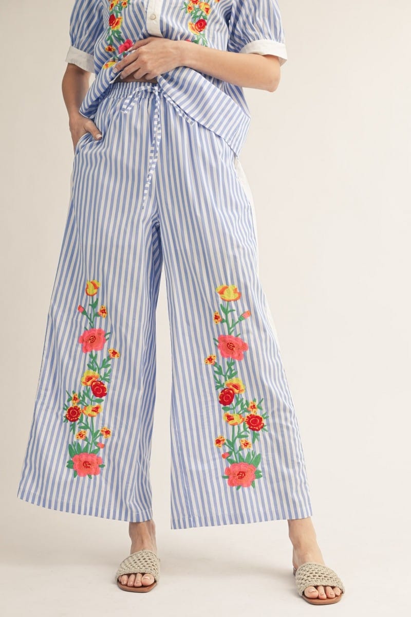 Blue and white striped Pamela pants by Jodifl, lightweight casual pants with a relaxed fit and elastic waistband.