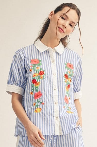 Blue mix embroidered top by Jodifl featuring intricate floral embroidery and a relaxed fit.