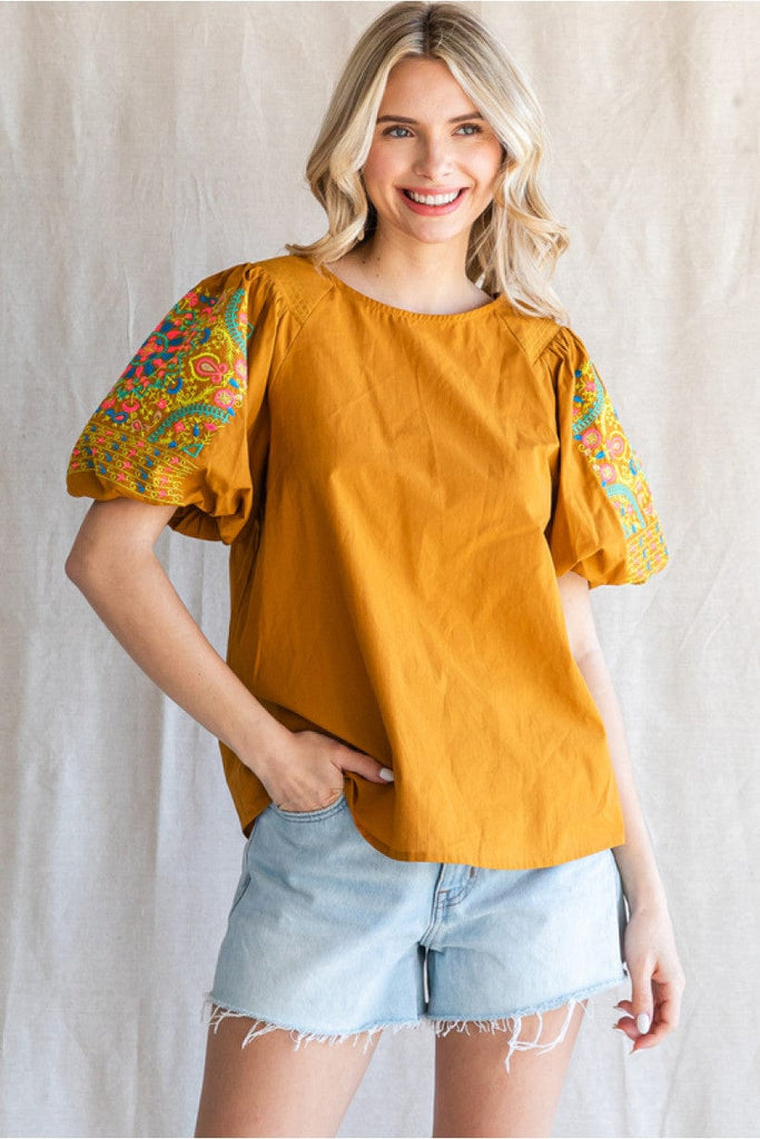 Embroidered Sleeve Poplin Top