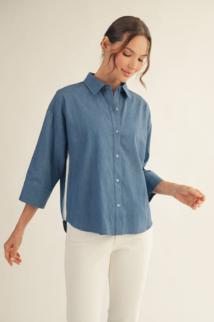 Jodifl denim Sierra Trim Accent Top featuring subtle trim details, styled with a casual fit on a model.