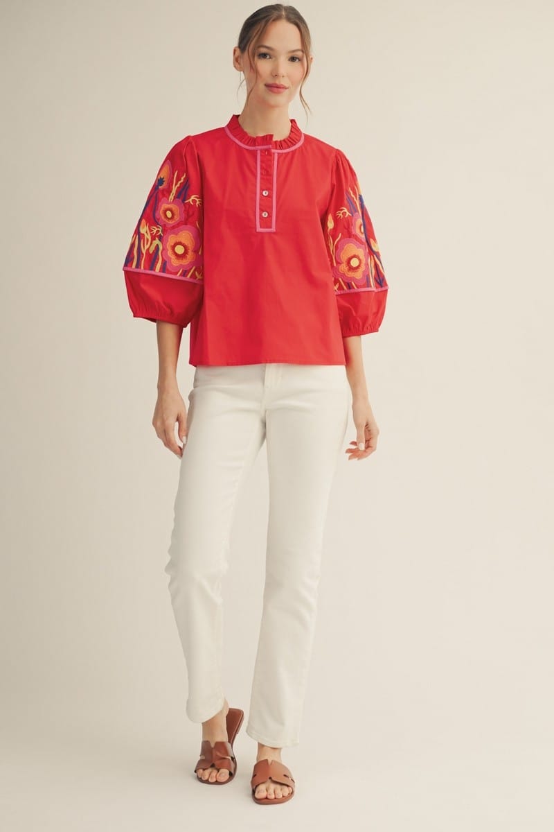 Jodifl Jillian embroidered top featuring intricate floral embroidery on lightweight fabric, stylish and casual for everyday wear.