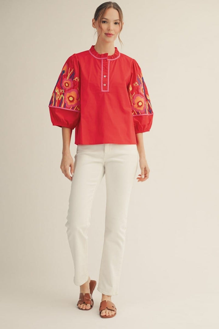 Jodifl Jillian embroidered top featuring intricate floral embroidery on lightweight fabric, stylish and casual for everyday wear.