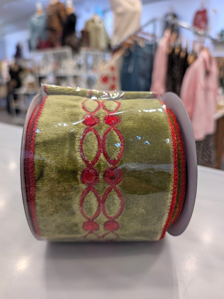 Red velvet metallic John Mark Ribbon decor by John Mark Enterprises, featuring a luxurious, textured ribbon with a rich red hue.