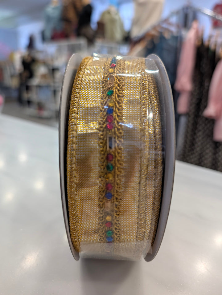 Multi-colored jeweled metallic John Mark Ribbon decor by John Mark Enterprises with intricate jeweled trim design.