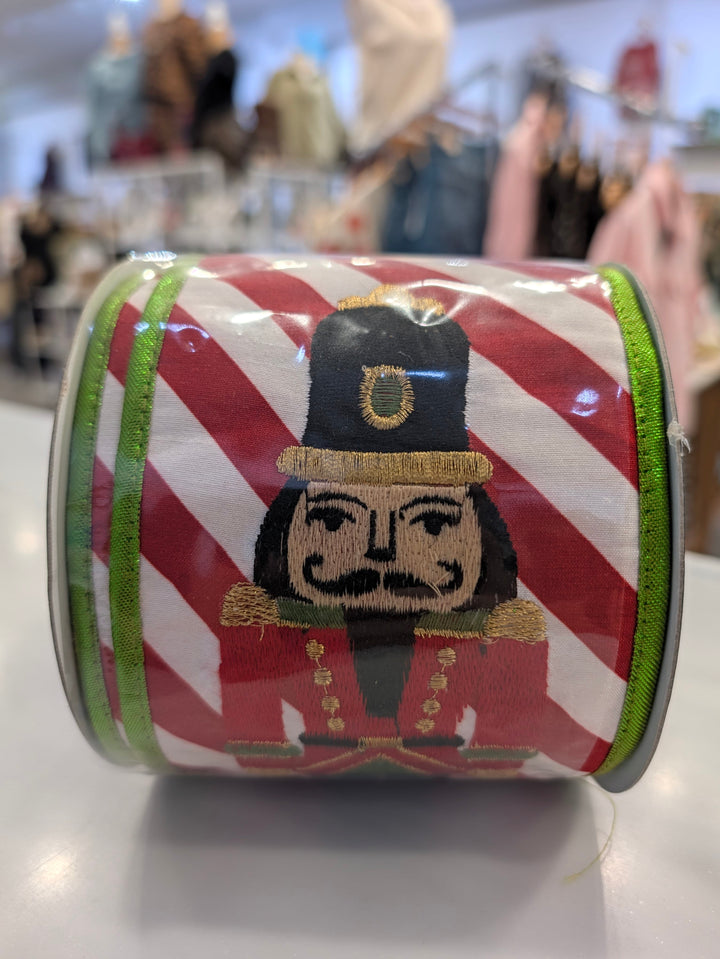 Decor featuring a John Mark Ribbon with a nutcracker print and metallic finish, made by John Mark Enterprises.