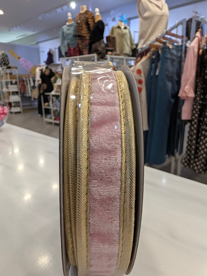 Pink velvet John Mark Ribbon decor by John Mark Enterprises with double fused metallic details for elegant home decoration.