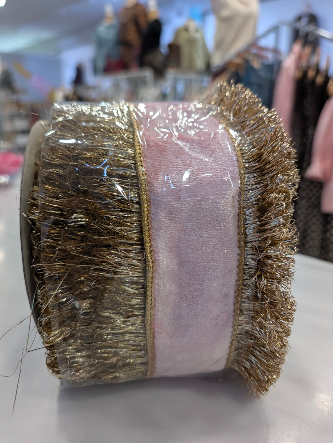 Pink velvet double-sided trim ribbon by John Mark Enterprises, decorative craft ribbon for embellishments and DIY projects.