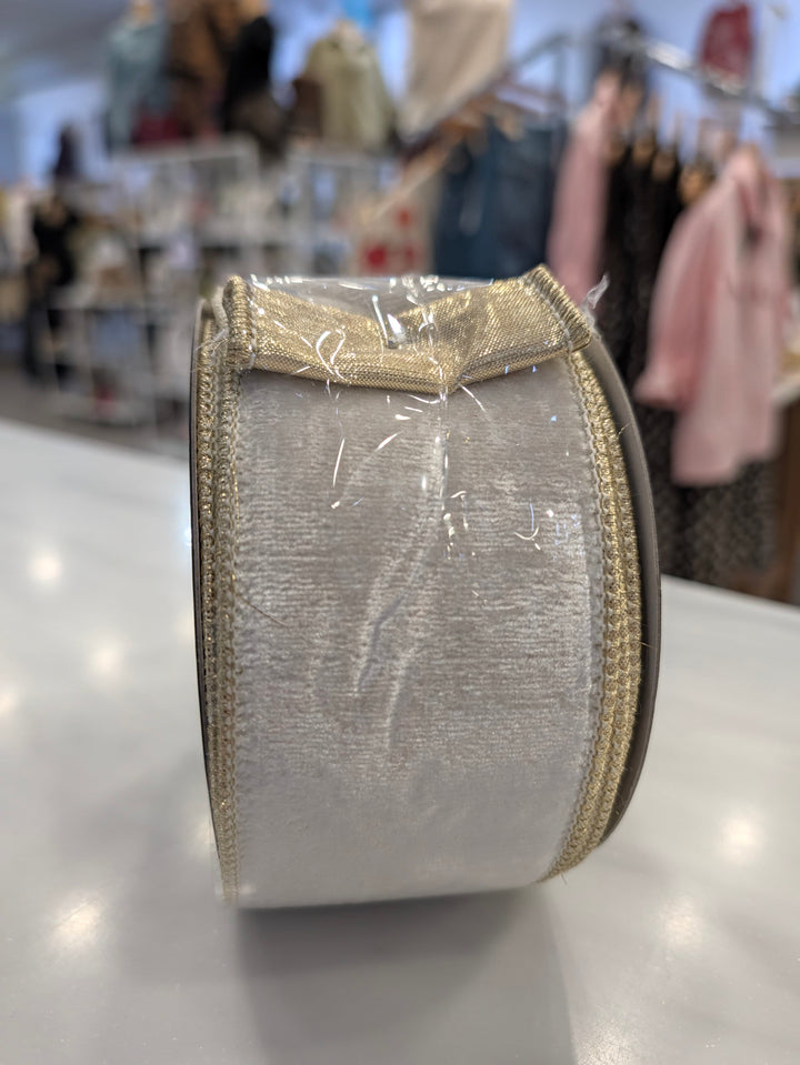 White velvet and metallic gold John Mark Ribbon decor by John Mark Enterprises, featuring luxurious textured fabric.