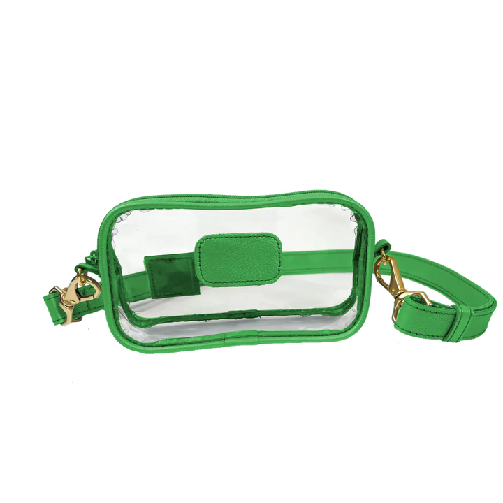 Jon Hart Design Clear Crosslet bag with shamrock leather accents, featuring a transparent body and stylish crossbody strap.