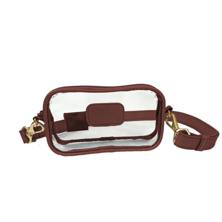 Jon Hart Design Clear Crosslet bag with wine leather accents, featuring a transparent design and structured shape.
