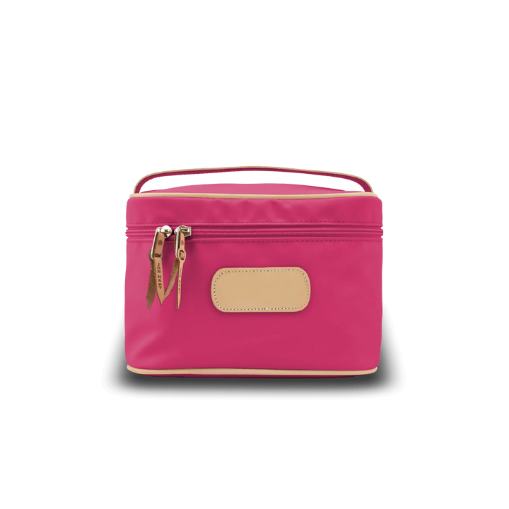 Jon Hart Design makeup bag in berry-coated canvas, compact makeup case with zipper closure and structured design.