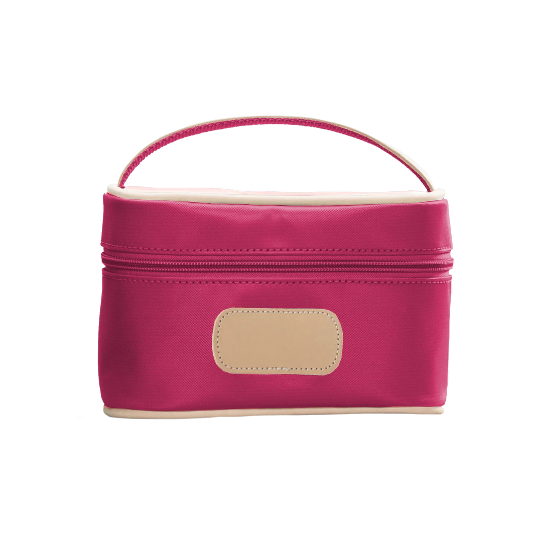 Jon Hart Mini Makeup Case in berry-coated canvas, compact makeup bag with zipper closure, designed by Jon Hart Design