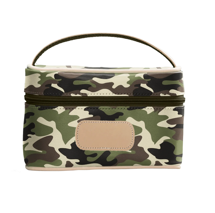 Jon Hart Mini Makeup Case in classic camo coated canvas, stylish makeup bag with compact design and durable construction.
