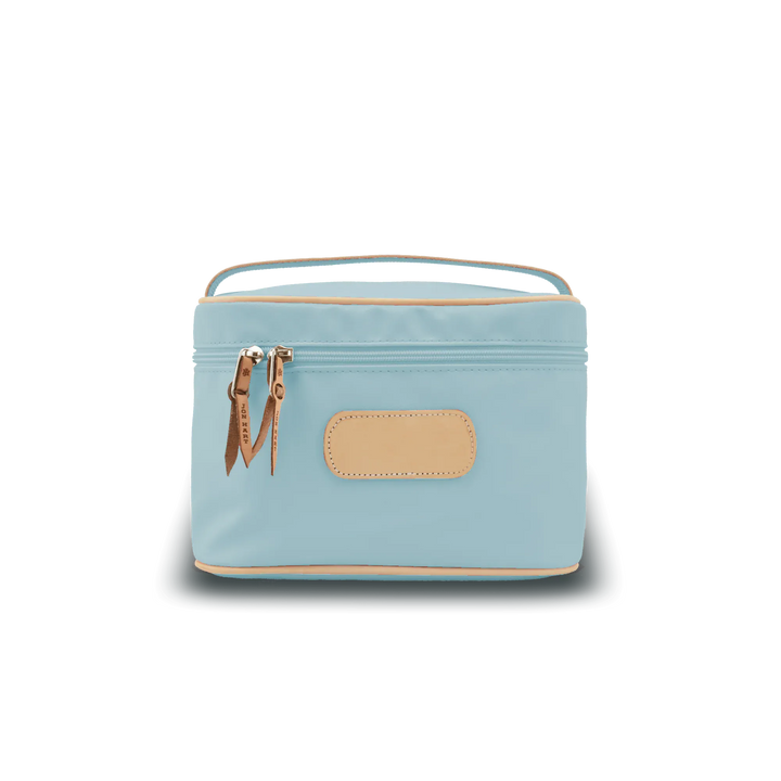 Jon Hart Design ice blue coated canvas makeup bag, stylish and compact makeup case with zipper closure for cosmetics storage.