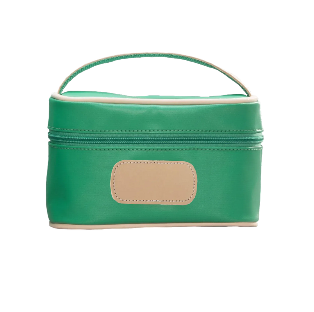 Jon Hart Mini Makeup Case in Kelly Green coated canvas, compact makeup bag with logo detail from Jon Hart Design.
