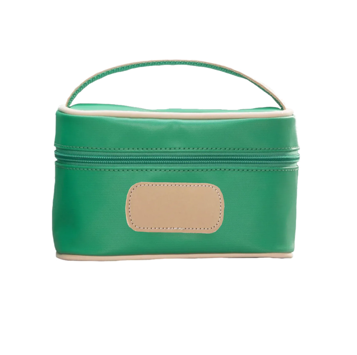 Jon Hart Mini Makeup Case in Kelly Green coated canvas, compact makeup bag with logo detail from Jon Hart Design.