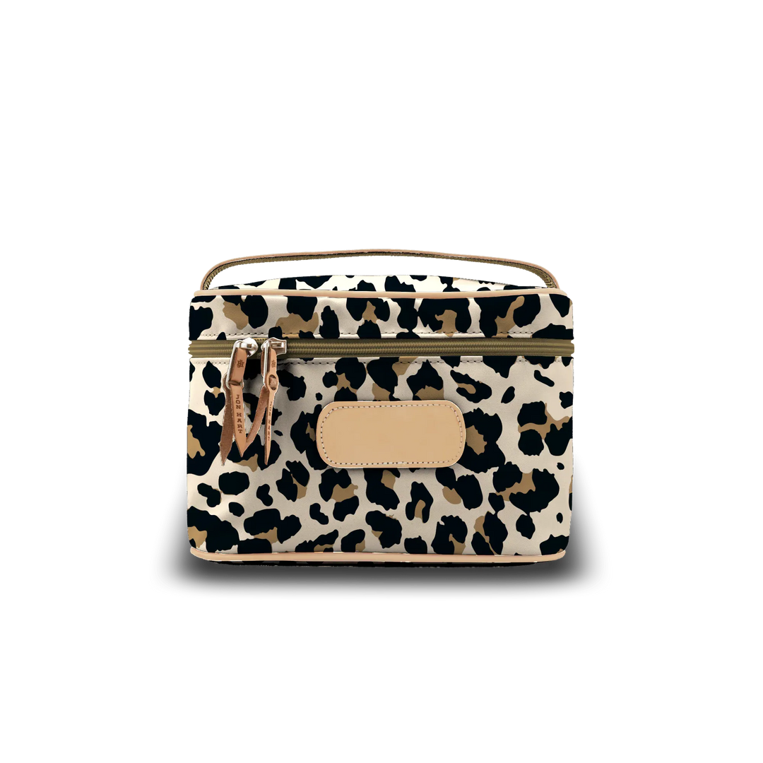 Jon Hart Design leopard-coated canvas makeup bag, stylish Jon Hart makeup case with durable fabric and spacious interior.