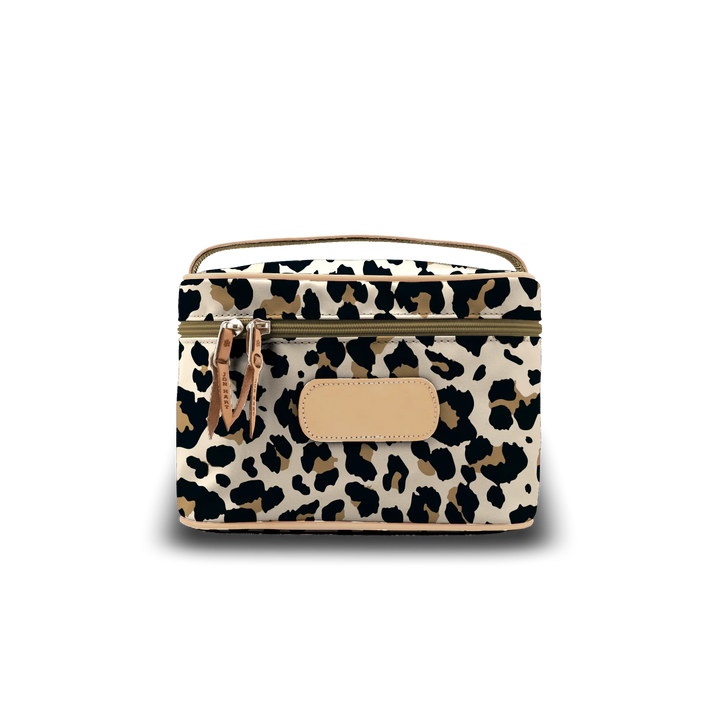 Jon Hart Design leopard-coated canvas makeup bag, stylish Jon Hart makeup case with durable fabric and spacious interior.