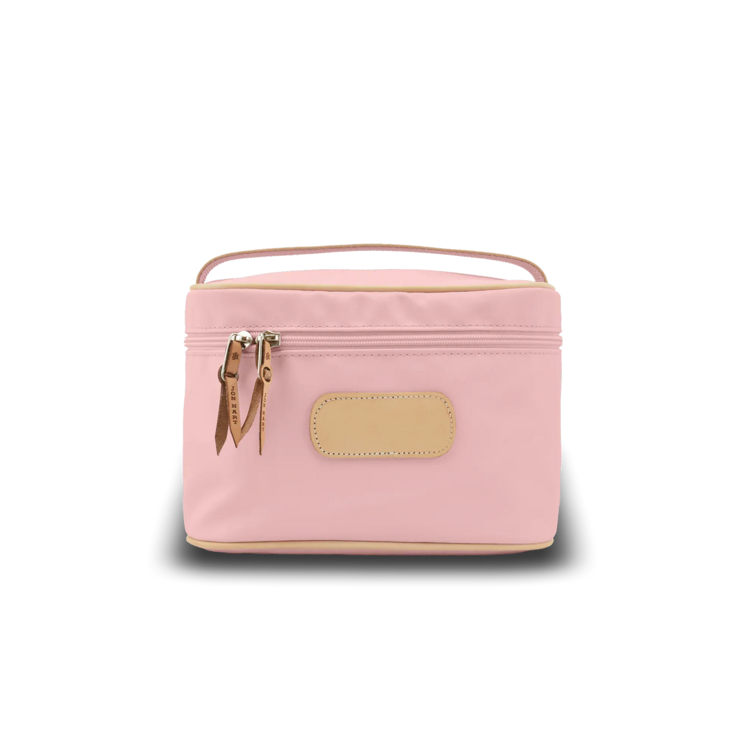 Jon Hart Design makeup bag made of rose-coated canvas, stylish and spacious makeup case for organizing beauty essentials.