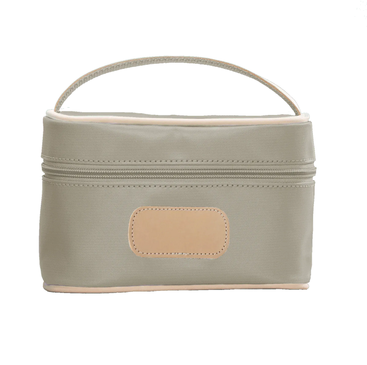 Jon Hart Mini Makeup Case in tan-coated canvas, compact makeup bag with zipper closure for cosmetics and accessories.