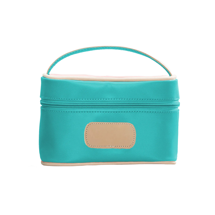 Jon Hart Mini Makeup Case made of teal-coated canvas, compact makeup bag with a zipper closure by Jon Hart Design.